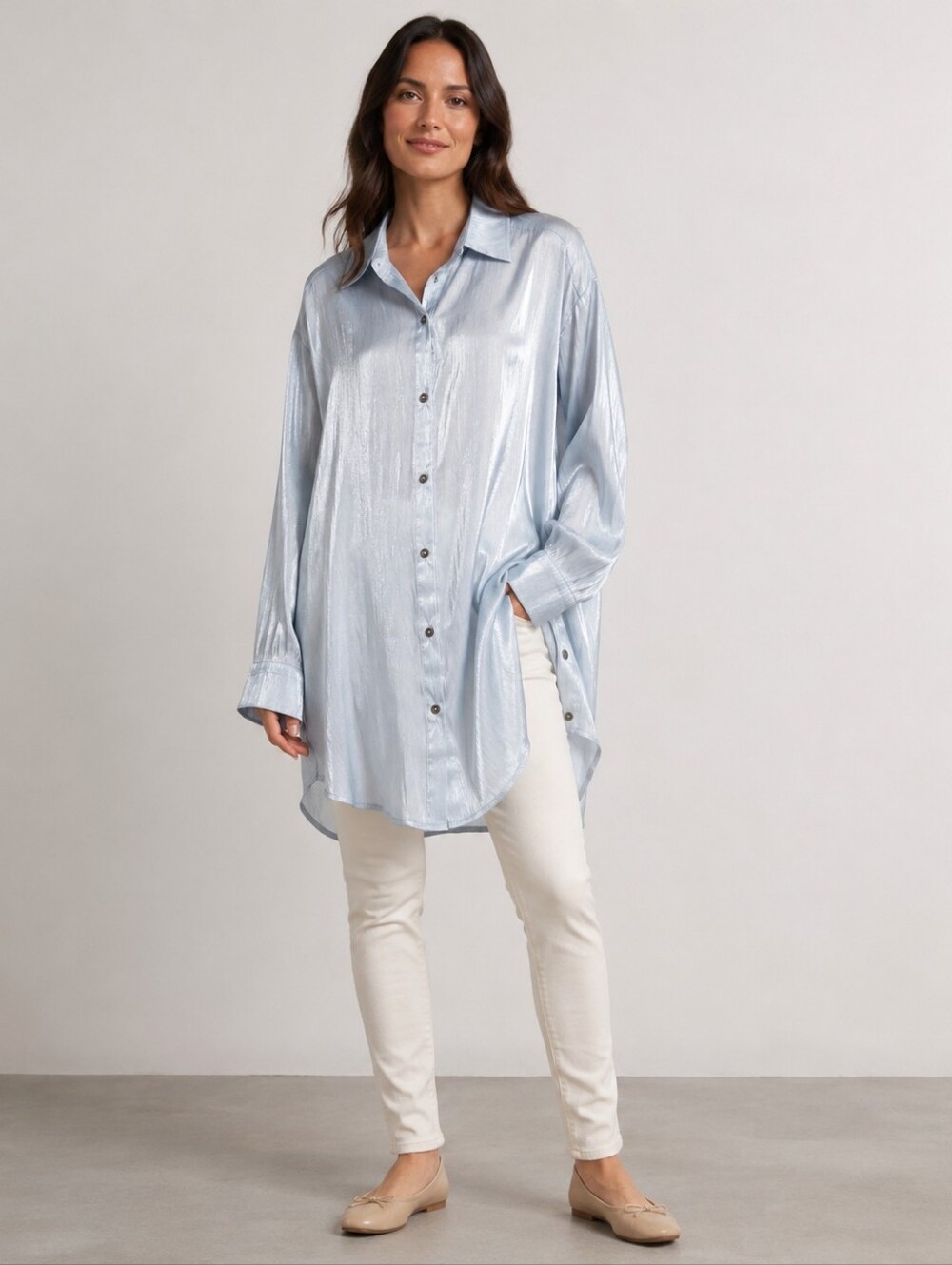 POL Clothing Metallic Ice Blue Oversized Button Down Tunic Shirt Women’s S NWOT